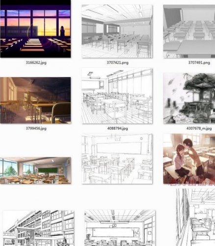 【学校建筑+教室陈设】漫画场景背景线稿手稿集 手绘临摹参考素材