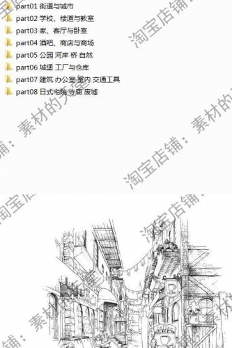 n52 漫画背景 动漫场景街道学校商场公园室内建筑线稿素材参考