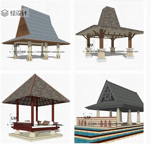 SU模型东南亚风格泰式景观亭廊亭木结构建筑度假区休闲亭子素材库