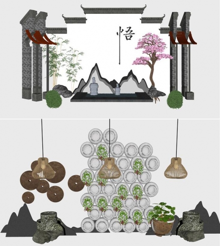 SU模型新中式日式禅意枯山水景园艺小品草图大师别墅庭院花园植物