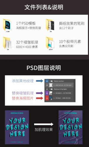 破旧褶皱撕裂效果复古海报PSD智能贴图样机效果图模型设计素材PS