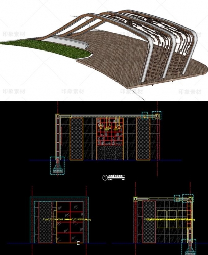 现代商业广场异形树池座椅廊架构筑物草图大师SU模型CAD施工图