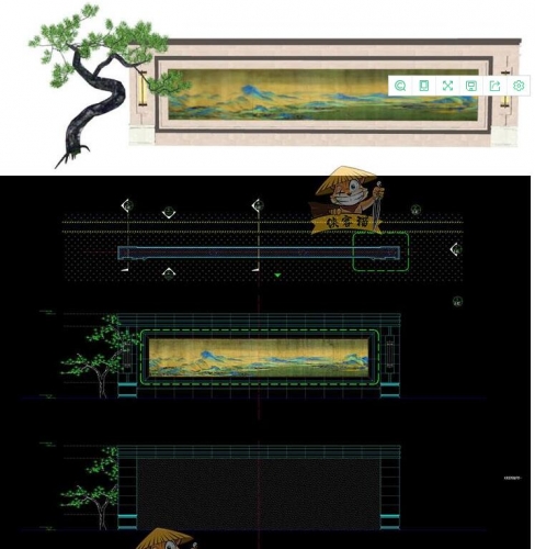 新中式新亚洲SketchUp格栅假山山形山水水景景墙SU模型CAD施工图