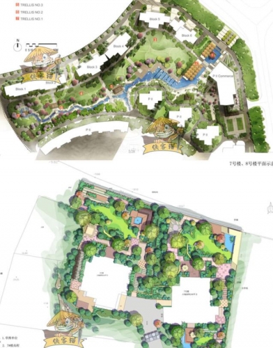 小清新居住区住宅小区园艺园林景观彩平图平面图PSD源文件素材